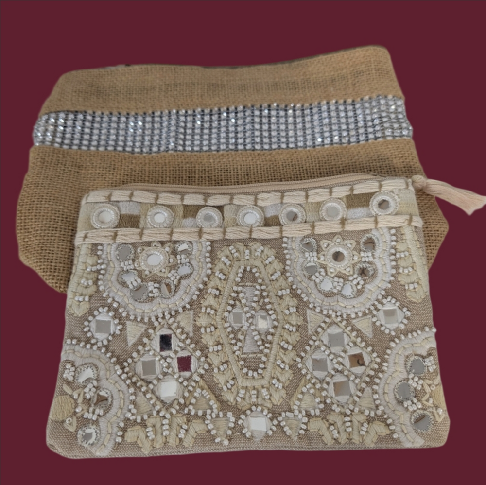 Makeup Bag Bundle Of 2 Bohemian  In Beige and Silver Sequin